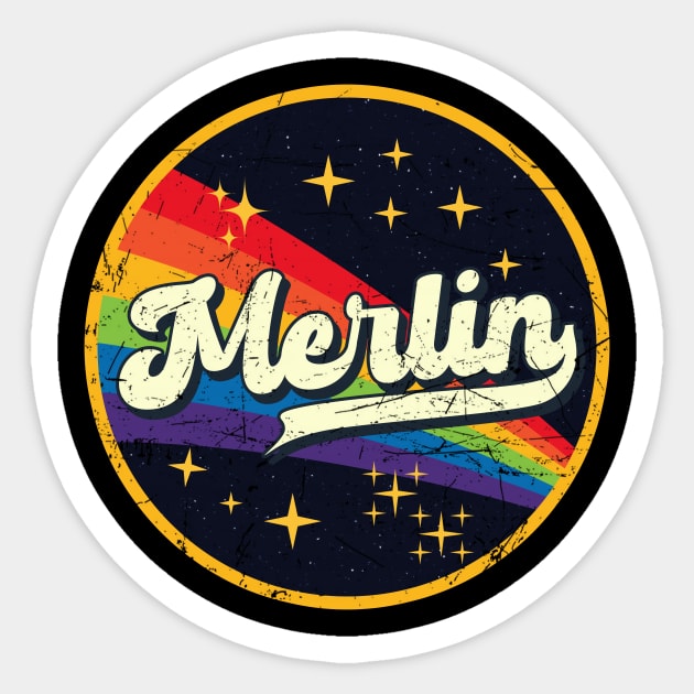 Merlin // Rainbow In Space Vintage Grunge-Style Sticker by LMW Art